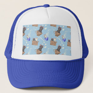 Gorra De Camionero Gatos en caja y gotas de leche en azul