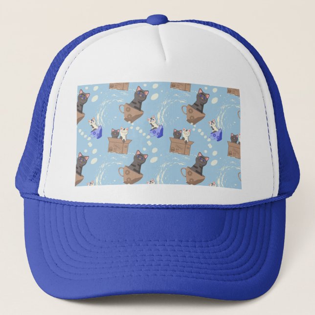Gorra De Camionero Gatos en caja y gotas de leche en azul (Anverso)