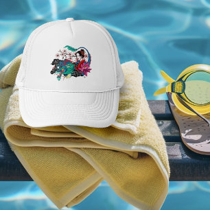 Gorra De Camionero Geisha asiática dragón flor de cerezo azul