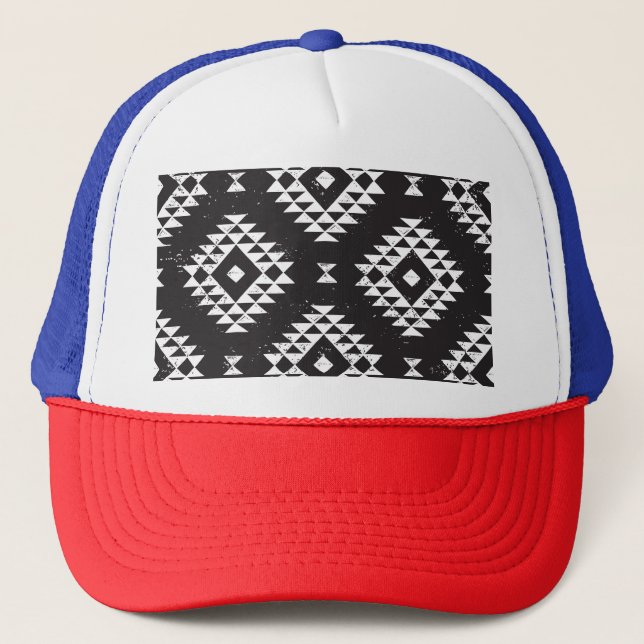 Gorra De Camionero Geométrica Navajo: Tribal Blanco Negro. (Anverso)