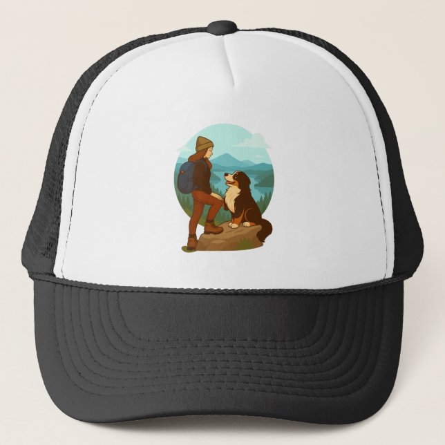 Gorra De Camionero Girl and Mountain Dog Adventure Illustration (Anverso)