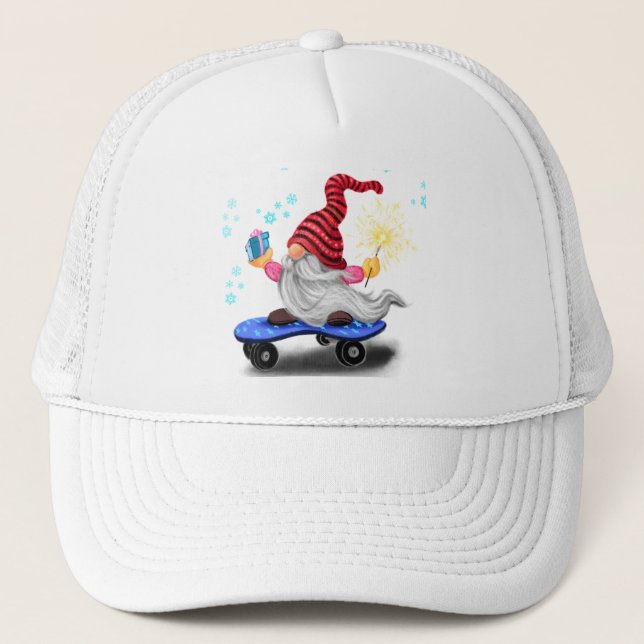 Gorra De Camionero Gnome del patinador con regalos y Sparkler Trucker (Anverso)