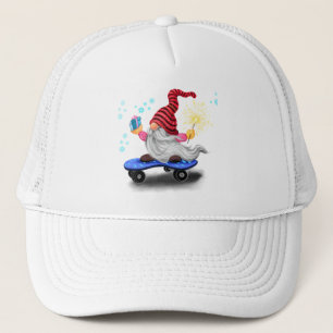 Gorra De Camionero Gnome feliz del patinador con regalos y Sparkler -