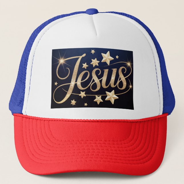 Gorra De Camionero Gold Jesus Script Blue  (Anverso)