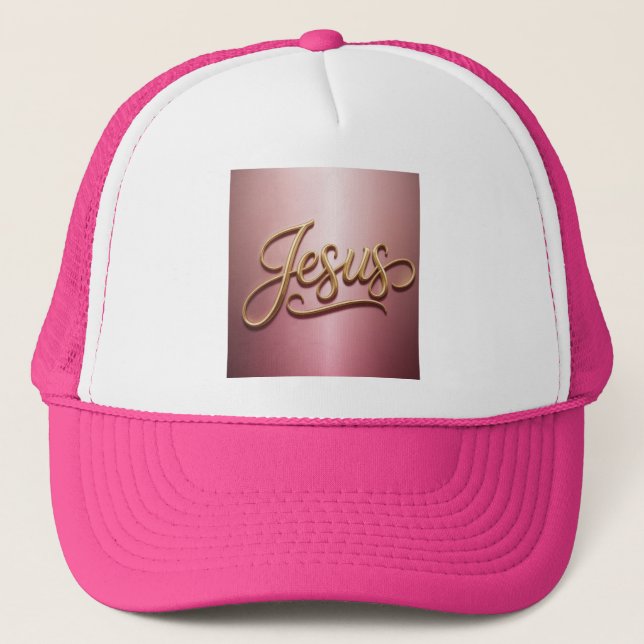 Gorra De Camionero Gold Jesus Script Pink  (Anverso)
