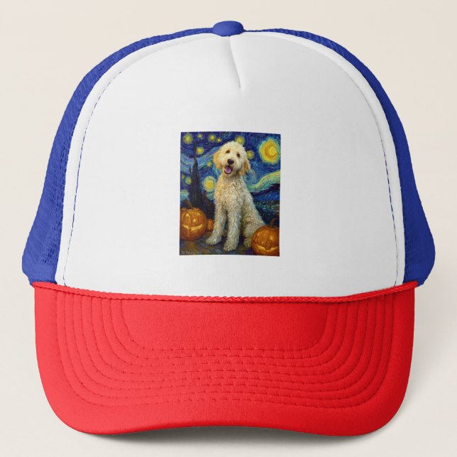 Gorra De Camionero Goldendoodle Perro Lindo Halloween Jack O Lantern  (Anverso)