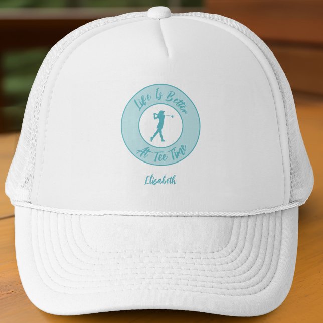 Gorra De Camionero Golf Funny Ladies Golfer Tee Time Teal (Funny teal trucker hat with name—because tee time deserves a stylish shade.)