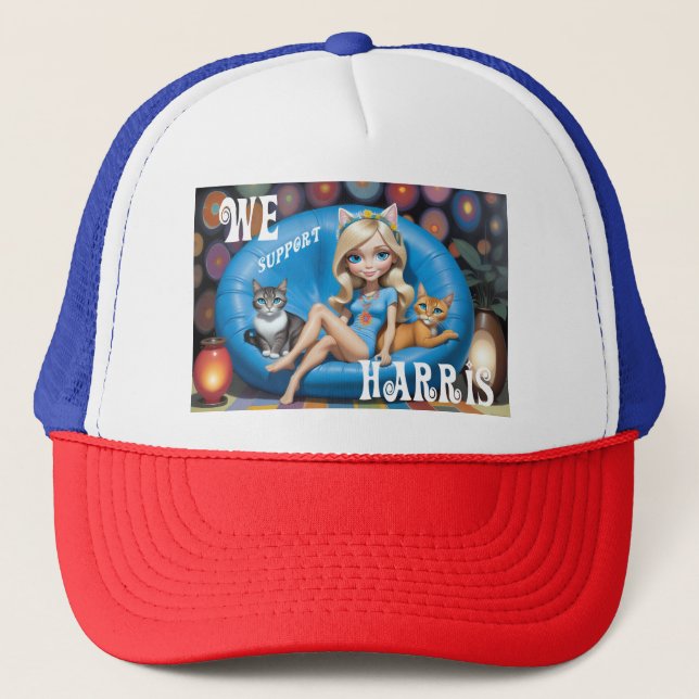 Gorra De Camionero Gracioso humor sin niños Kamala Cat Ladies 2024 (Anverso)