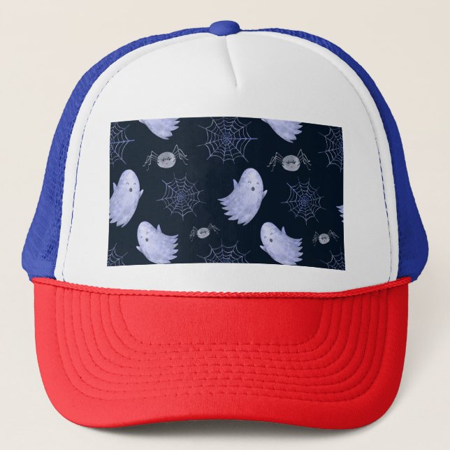 Gorra De Camionero Gracioso patrón de Halloween con araña fantasma. (Anverso)