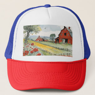 Gorra De Camionero Granero Rojo Clásico y Tierras de Cultivo con Flor