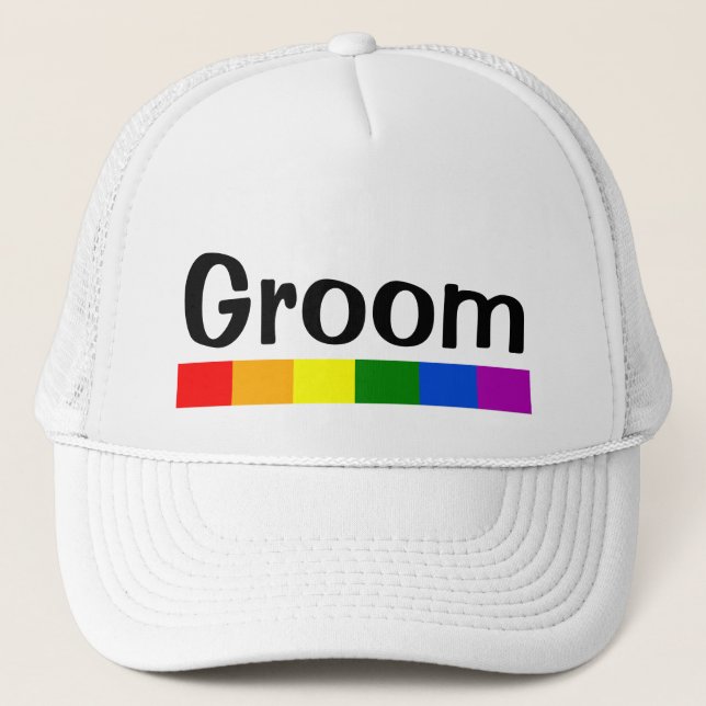 Gorra De Camionero Groom de bandera arcoiris boda (Anverso)