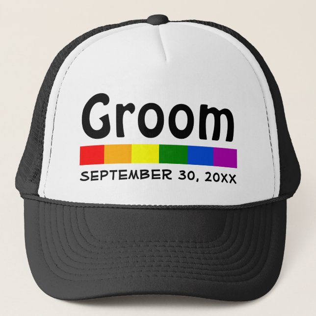 Gorra De Camionero Groom de bandera arcoiris boda (Anverso)