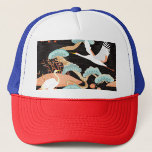 Gorra De Camionero Grullas, garzas: Patrón de pájaros japoneses.