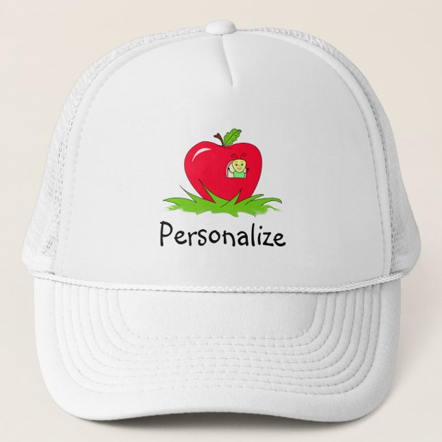 Gorra De Camionero Gusano En Manzana Roja Con Nombre (Anverso)