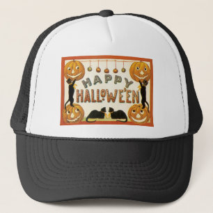 Gorra De Camionero Halloween antiguo, gatos negros con Jackolanterns
