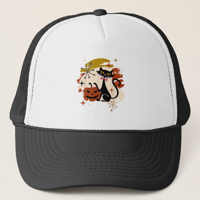 Gorra De Camionero Halloween Black Cat and Pumpkin Atomic Retro (Anverso)