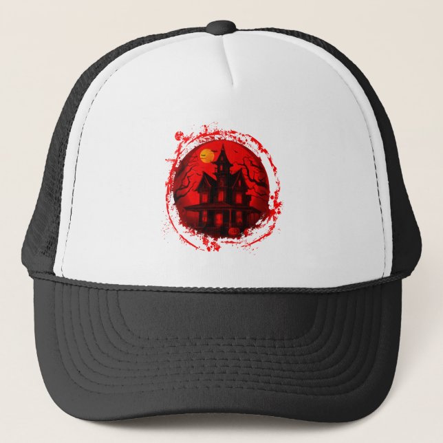 GORRA DE CAMIONERO HALLOWEEN CASA DE PELIGRO ROJO SILHOUETTE NEGRO (Anverso)