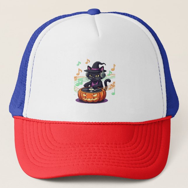 Gorra De Camionero Halloween del gato Dj camiseta sobredimensionada (Anverso)