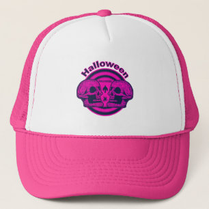 Gorra De Camionero Halloween dos cráneos - rosa del neón