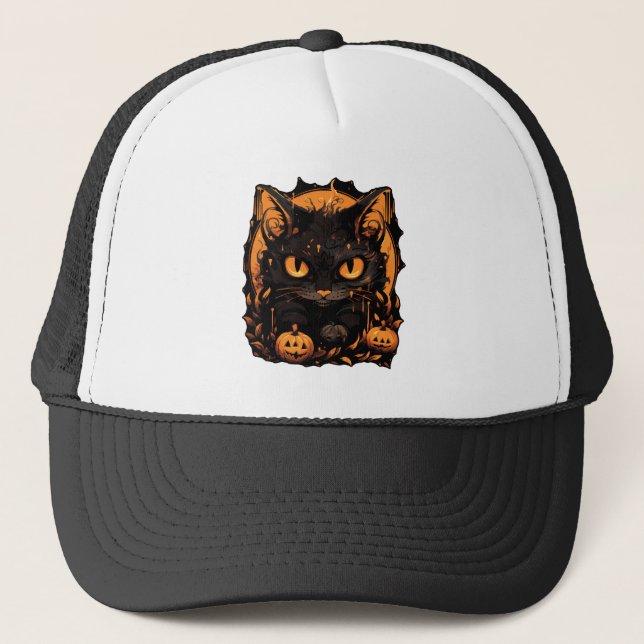 Gorra De Camionero Halloween encantador: Gato negro entre calabazas (Anverso)