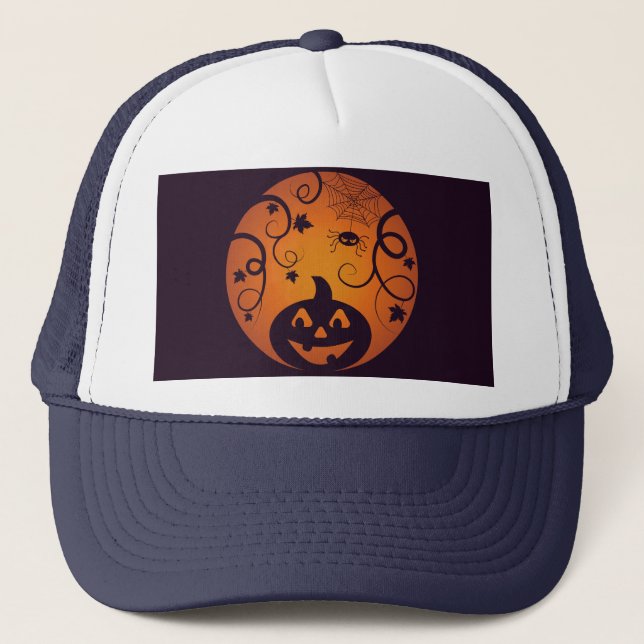 Gorra De Camionero Halloween Jack o linterna cara de calabaza y araña (Anverso)