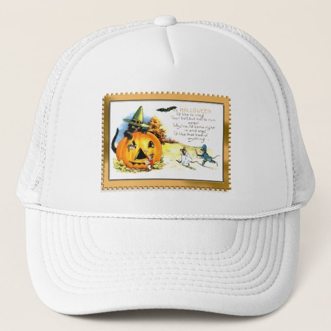 Gorra De Camionero Halloween Kitty Sitting in Jack O Lantern (Anverso)