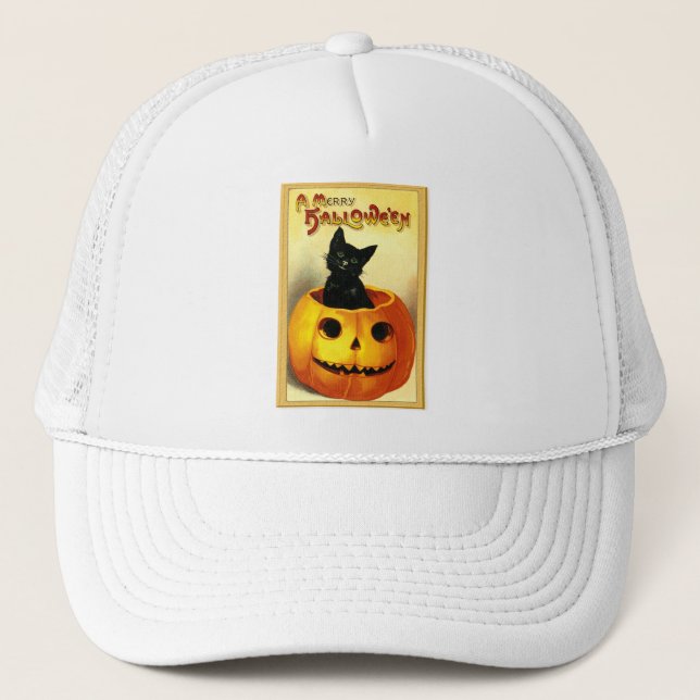 Gorra De Camionero Halloween Kitty Sitting in Jack O Lantern (Anverso)