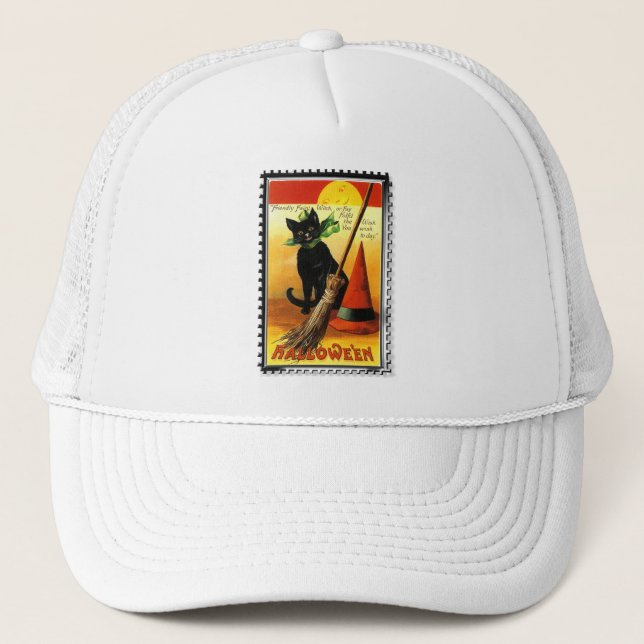 Gorra De Camionero Halloween Kitty Sitting Witches Hat (Anverso)