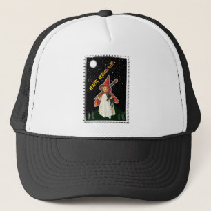Gorra De Camionero Halloween - Niña con Escoba y Gato Negro