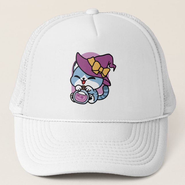 Gorra De Camionero Halloween Tabby Cat – Witch Hat & Potion Art (Anverso)