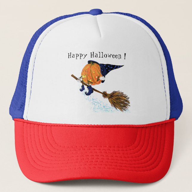 Gorra De Camionero Halloween Trucker Hat Witch Pumpkin Flying Broom (Anverso)