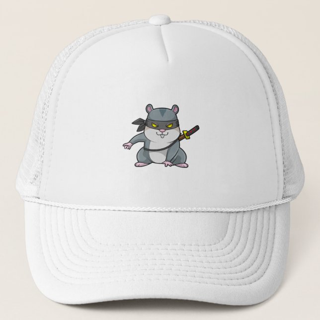 Gorra De Camionero Hámster como Ninja en artes marciales con espada (Anverso)
