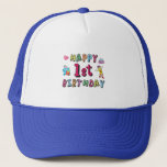 Gorra De Camionero Happy 1st Birthday for 1 year old Kids B-day wish<br><div class="desc">Happy 1st Birthday. Funny and cute Kids Birthday design with lovely teddy bear holding a gift and a funny pencil writing the birthday wishes. A perfect match for Kids and Teens.</div>