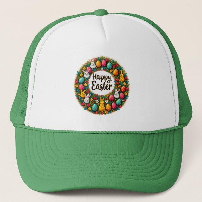Gorra De Camionero Happy Easter Wreath – Bunny & Eggs boné (Anverso)