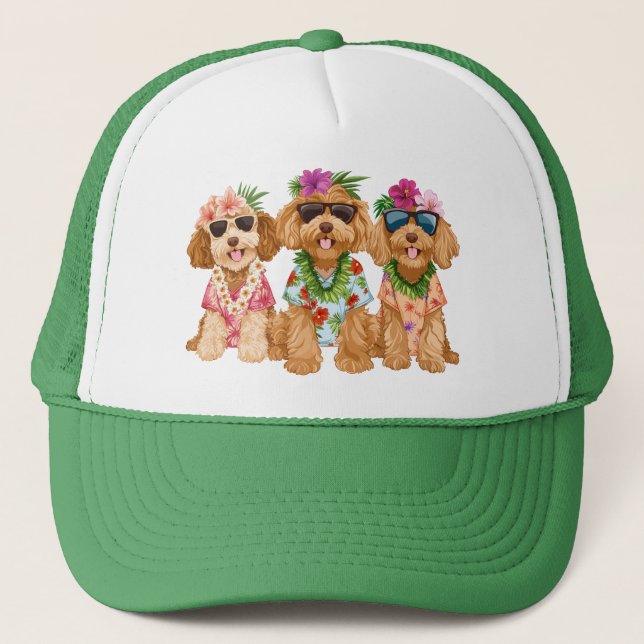 Gorra De Camionero Hawaiian Goldendoodle Dogs Flower Lei (Anverso)