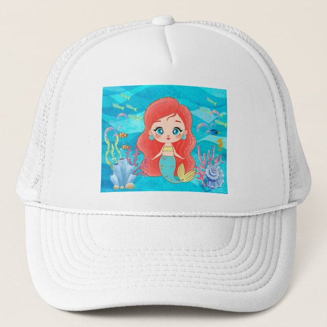 Gorra De Camionero Hermosa sirena de pelo rojo jugando en el mar (Anverso)