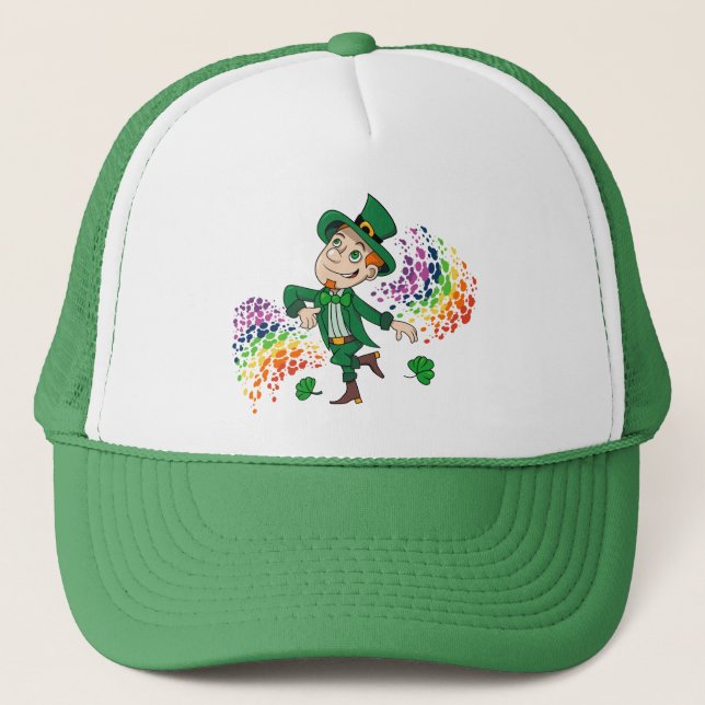 Gorra De Camionero Hermoso y alegre leprechaun bailando, un arco iris (Anverso)