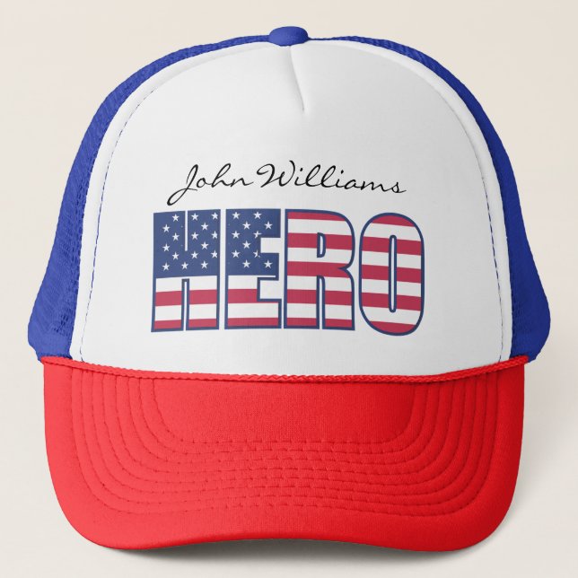 Gorra De Camionero Héroe Americano Bandera Estrellas Tiras Añadir nom (Anverso)