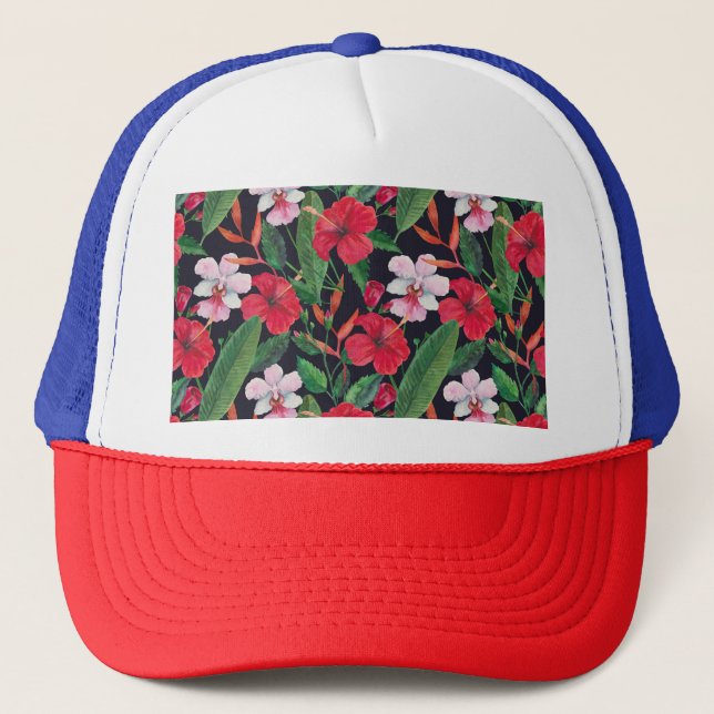 Gorra De Camionero hibiscos rojos, orquídeas, acuarela tropical. (Anverso)