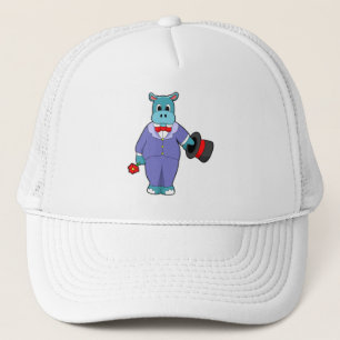Gorra De Camionero Hipopótamo como novio con traje y rosa