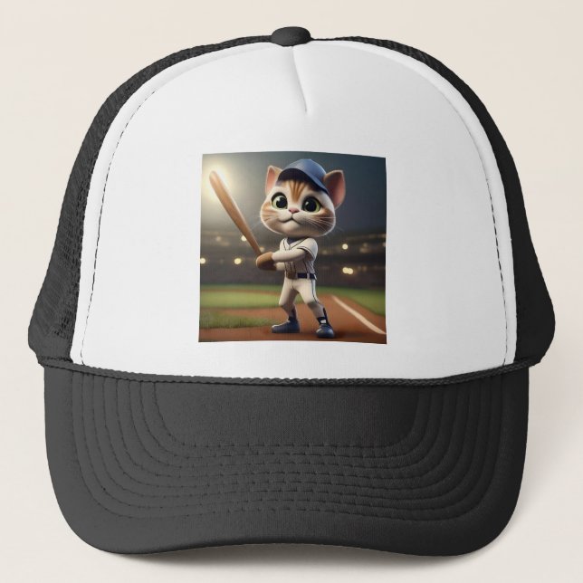 Gorra De Camionero Hitter casero: Gato de Béisbol en 3D toma un giro (Anverso)