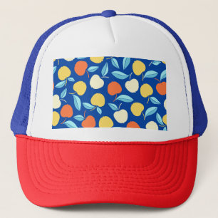 Gorra De Camionero Hojas de manzanas, fondo azul, patrón sin costuras
