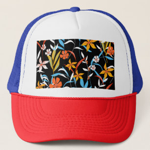 Gorra De Camionero Hojas tropicales coloridas: patrón de fondo oscuro