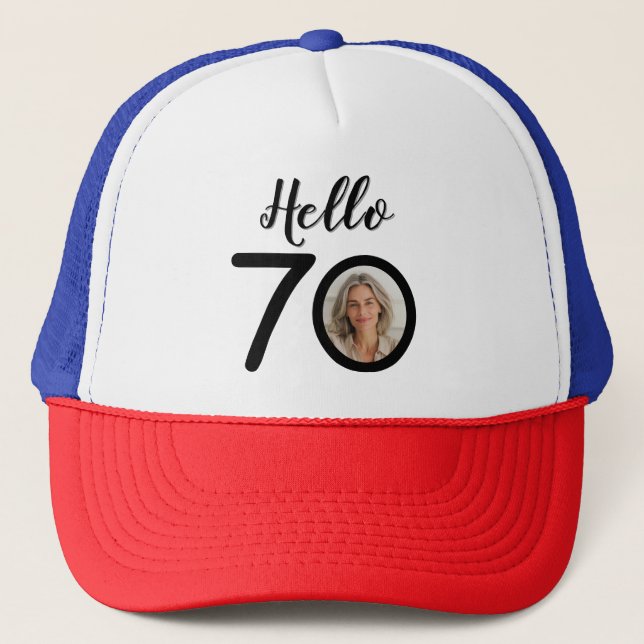 Gorra De Camionero Hola 70 puntos blancos y negros Foto y nombre Cump (Anverso)