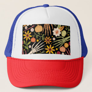 Gorra De Camionero Huesos de Halloween, patrón sin costuras florales.