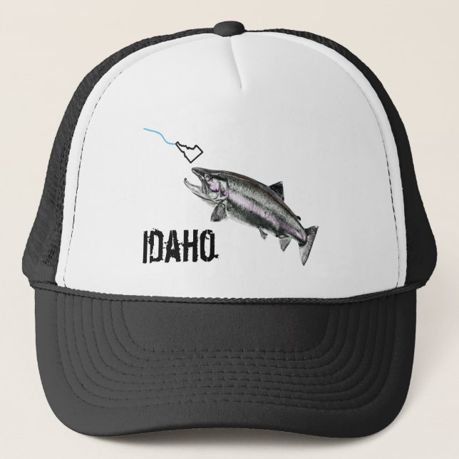 GORRA DE CAMIONERO IDAHO STEELHEAD -AQUÍ PESCADO PESQUERO- GOLPEANDO  (Anverso)