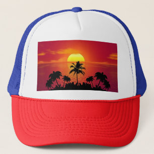 Gorra De Camionero Ilustración de siluetas de palmeras al atardecer