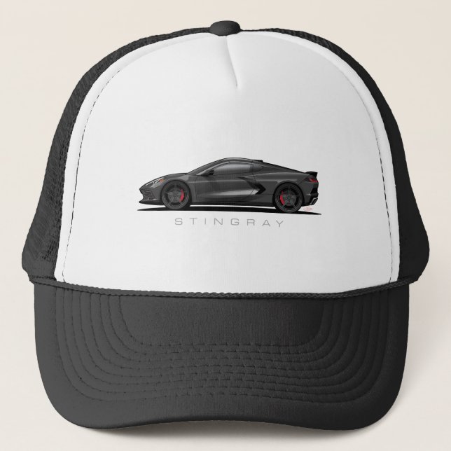 Gorra De Camionero Ilustración negra de Chevy Corvette C8 (Anverso)