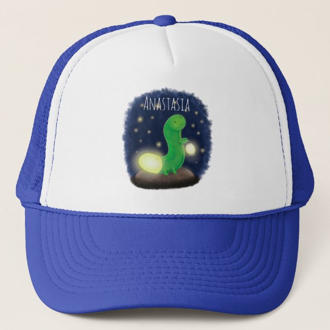 Gorra De Camionero Ilustracion personalizado de gusano de brillo verd (Anverso)