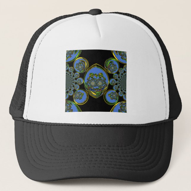 Gorra De Camionero Impresión de arte en Kaleidoscope azul y amarillo (Anverso)